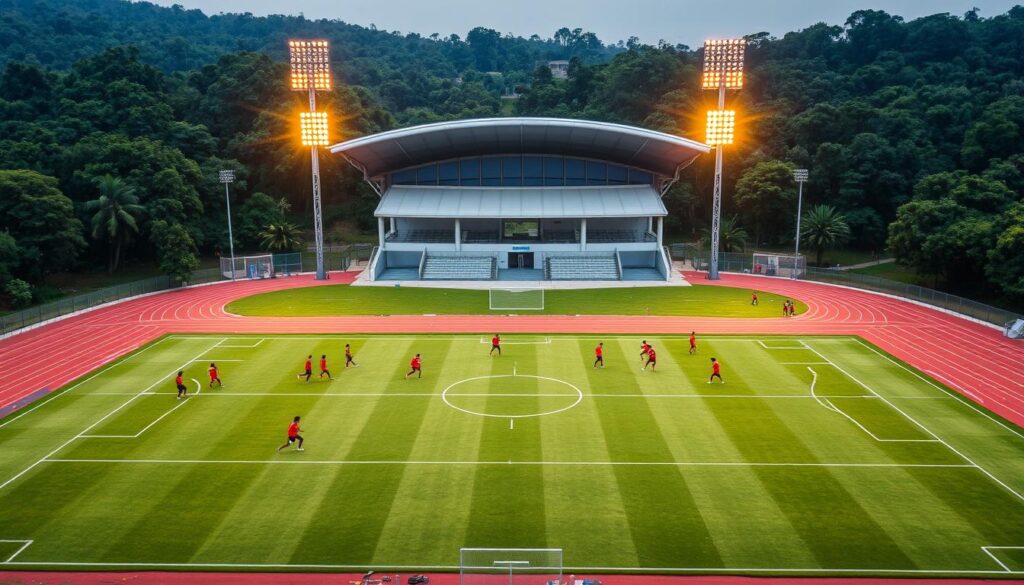A grand, well-equipped athletics complex nestled in the heart of Ambikapur, surrounded by lush greenery. In the foreground, a state-of-the-art football pitch with perfectly manicured turf, players in vibrant uniforms engaged in dynamic training drills. In the middle ground, a multipurpose indoor arena with high ceilings and sleek, modern design. The background features a running track encircling the facility, flanked by towering light poles casting a warm, golden glow over the entire scene. The atmosphere exudes a sense of energy, dedication, and community, inviting all aspiring athletes to hone their skills and chase their dreams. A grand, well-equipped athletics complex nestled in the heart of Ambikapur, surrounded by lush greenery. In the foreground, a state-of-the-art football pitch with perfectly manicured turf, players in vibrant uniforms engaged in dynamic training drills. In the middle ground, a multipurpose indoor arena with high ceilings and sleek, modern design. The background features a running track encircling the facility, flanked by towering light poles casting a warm, golden glow over the entire scene. The atmosphere exudes a sense of energy, dedication, and community, inviting all aspiring athletes to hone their skills and chase their dreams.