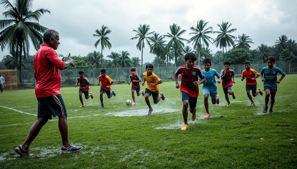 A rain-soaked football training session in Ambikapur, India. On a lush green pitch, players in vibrant kits sprint through puddles, their cleats kicking up splashes. Monsoon clouds loom overhead, casting a moody, atmospheric light. In the foreground, a coach barks instructions, gesturing with urgency. The middle ground is filled with the focused expressions of the athletes, their bodies twisting and turning as they navigate the challenging drills. In the background, the silhouettes of palm trees sway gently in the wind. The scene conveys the dedication, teamwork, and resilience of these young footballers, undeterred by the challenging weather conditions. A rain-soaked football training session in Ambikapur, India. On a lush green pitch, players in vibrant kits sprint through puddles, their cleats kicking up splashes. Monsoon clouds loom overhead, casting a moody, atmospheric light. In the foreground, a coach barks instructions, gesturing with urgency. The middle ground is filled with the focused expressions of the athletes, their bodies twisting and turning as they navigate the challenging drills. In the background, the silhouettes of palm trees sway gently in the wind. The scene conveys the dedication, teamwork, and resilience of these young footballers, undeterred by the challenging weather conditions.
