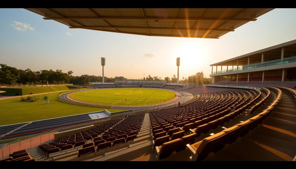 A sprawling sports complex with modern grandstand seating, offering a comfortable viewing experience for enthusiasts. The stadium is bathed in warm, golden sunlight, casting a serene atmosphere over the well-manicured grounds. Spacious aisles and rows of padded seats provide ample legroom and support, catering to the needs of diverse spectators. In the background, lush greenery and towering light fixtures create a sense of scale and immersion. The overall design seamlessly blends functionality and aesthetic appeal, elevating the spectator experience at this premier sports facility in Ambikapur.