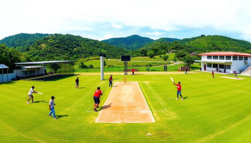A well-lit, panoramic view of Vinayakam Cricket Academy's state-of-the-art training facilities in Ambikapur. In the foreground, a group of young cricketers practice their batting and bowling on the pristine turf pitch. The middle ground showcases the academy's modern infrastructure, including a covered practice net, a scoreboard, and a pavilion with spectator seating. In the background, lush green hills and a clear blue sky create a picturesque setting. The scene conveys a sense of energy, dedication, and the perfect blend of professional training and natural surroundings that make Vinayakam Cricket Academy a premier destination for cricket enthusiasts in Ambikapur.