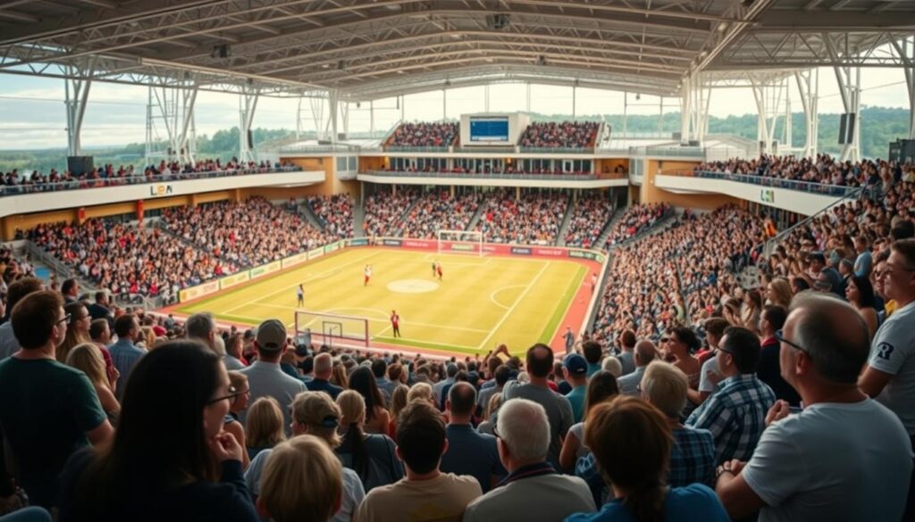 A bustling local sports arena, filled with enthusiastic spectators cheering on their favorite teams. In the foreground, a diverse crowd of fans seated in the bleachers, their expressions animated as they follow the action on the field. The middle ground showcases the playing area, a well-manicured pitch or court, where athletes demonstrate their skills under the warm glow of natural lighting. In the background, the architecture of the venue stands as a testament to the community's passion for sports, with clean lines and modern design elements. The overall atmosphere is one of excitement and camaraderie, capturing the essence of local sports culture.