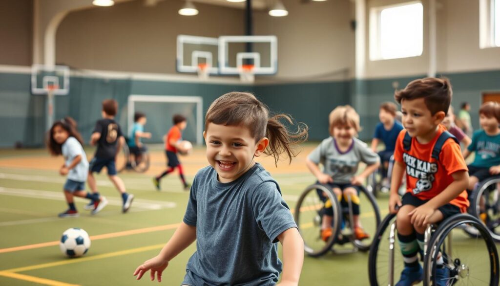 A diverse array of youth athletes in an inclusive, adaptive sports league. In the foreground, a group of children of varying ages and abilities competing in a friendly, yet spirited game of soccer, their expressions brimming with determination and joy. In the middle ground, a wheelchair basketball match unfolds, highlighting the league's commitment to accessibility and equal opportunity. The background showcases a well-equipped, modern sports facility with ample natural lighting, conveying a sense of community, support, and welcoming atmosphere. The overall scene exudes a vibrant, positive, and inclusive energy, capturing the essence of a league that fosters character, fitness, and sportsmanship for all participants. A diverse array of youth athletes in an inclusive, adaptive sports league. In the foreground, a group of children of varying ages and abilities competing in a friendly, yet spirited game of soccer, their expressions brimming with determination and joy. In the middle ground, a wheelchair basketball match unfolds, highlighting the league's commitment to accessibility and equal opportunity. The background showcases a well-equipped, modern sports facility with ample natural lighting, conveying a sense of community, support, and welcoming atmosphere. The overall scene exudes a vibrant, positive, and inclusive energy, capturing the essence of a league that fosters character, fitness, and sportsmanship for all participants.