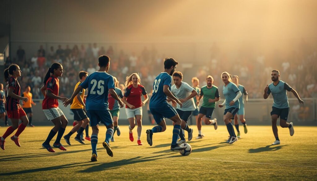 A diverse group of athletes gathered on a well-lit playing field, representing the vibrant and inclusive nature of their local leagues. The foreground showcases players of varying ages, abilities, and backgrounds, working together as a team. The middle ground captures the energy and camaraderie of the game, with players moving fluidly and passing the ball. In the background, a cheering crowd of supporters creates a sense of community and celebration. The lighting is warm and inviting, casting a glow over the scene and highlighting the inclusive atmosphere. The overall composition conveys a message of unity, determination, and the power of sports to bring people together, overcoming barriers and fostering breakthroughs.