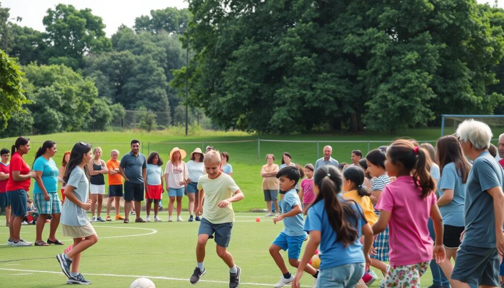 A diverse group of people of all ages and backgrounds gathered in a vibrant, well-lit community sports field. In the foreground, a group of children enthusiastically playing a game of soccer, their laughter and energy palpable. In the middle ground, parents and guardians cheerfully coaching and supporting the players, fostering a sense of camaraderie. In the background, a lush green landscape with mature trees provides a natural, serene backdrop, creating a welcoming and inclusive atmosphere. The scene conveys a strong sense of community, collaboration, and the power of shared experiences through sports.