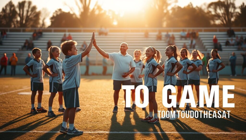 A group of young athletes standing confidently on a sports field, their bodies in dynamic poses showcasing discipline and leadership. The scene is bathed in warm, golden-hour lighting, casting long shadows and creating a sense of aspiration and determination. In the foreground, a boy and girl exchange a high-five, their faces alight with pride and camaraderie. In the middle ground, a coach watches over the team, offering guidance and encouragement. The background features the blurred silhouettes of cheering spectators, capturing the spirit of community and shared success. The overall atmosphere evokes the values of youth sports - teamwork, perseverance, and the empowering journey from dreams to game.