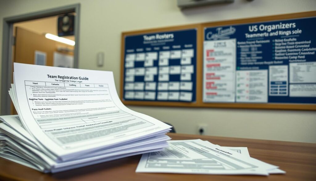 A well-lit, crisp digital photograph of a comprehensive team registration guide. In the foreground, a stack of forms and papers with clear instructions on how to sign up for a local sports league. In the middle ground, a calendar highlighting important registration deadlines and key event dates. In the background, a bulletin board displaying team rosters, schedules, and contact information for league organizers. The overall atmosphere conveys a sense of organization, professionalism, and enthusiasm for the upcoming season.