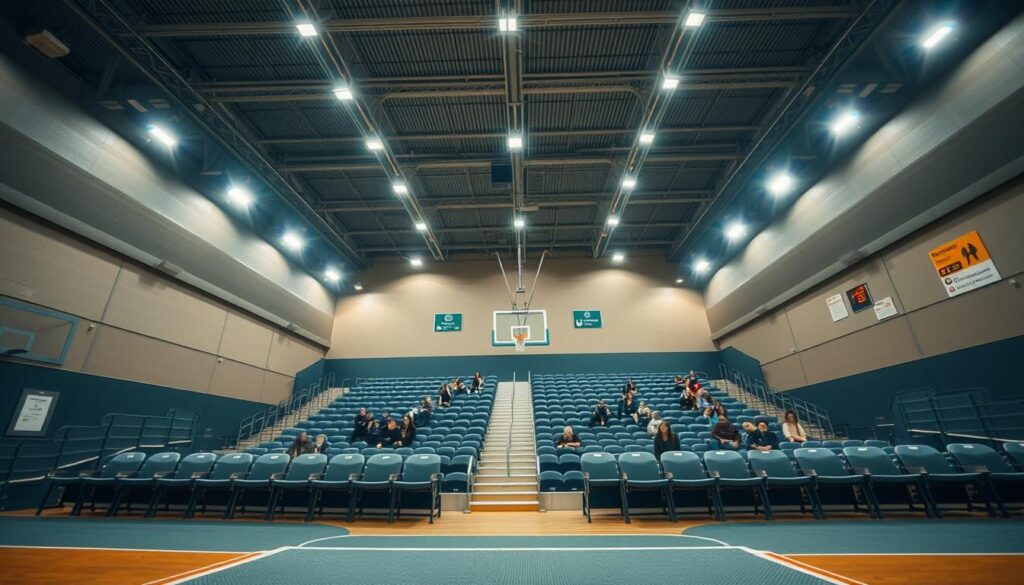 A well-lit sports facility with accessible features for diverse users. In the foreground, a ramp and wide entryway welcome wheelchair users and those with mobility challenges. The middle ground showcases ample, comfortable seating with ample legroom and arm supports. Overhead, energy-efficient LED lights create a warm, evenly distributed illumination. In the background, signage and wayfinding elements are positioned at multiple heights, catering to people of all statures. The overall atmosphere exudes inclusivity, safety, and a sense of community engagement.
