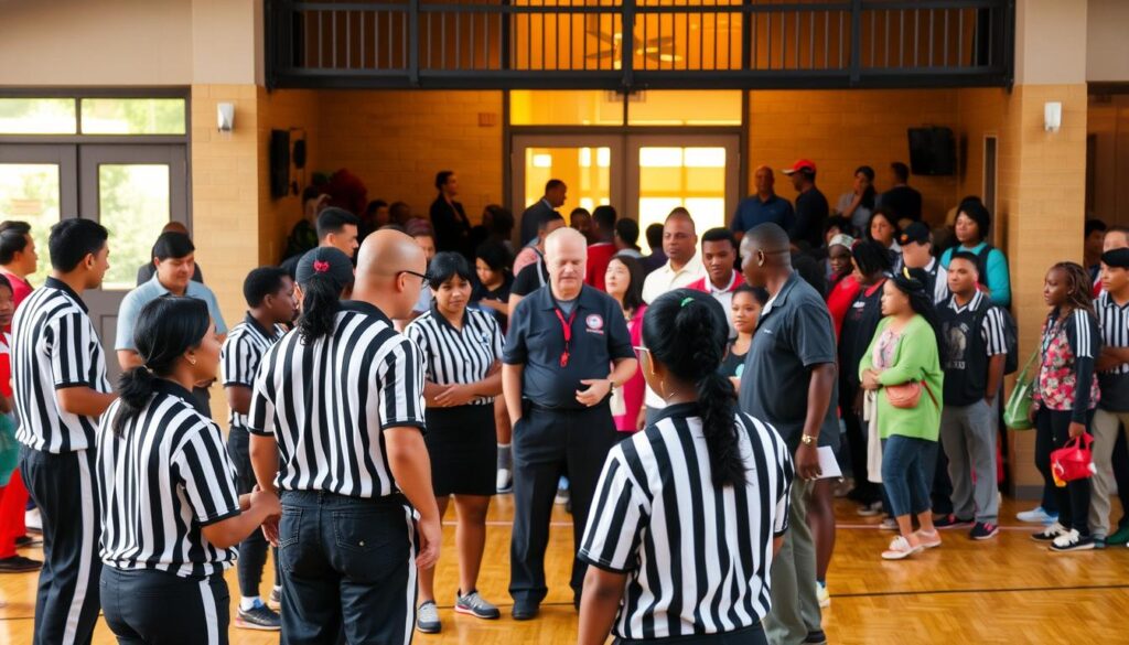 A bustling community center, its facade illuminated by warm, natural lighting. In the foreground, a group of referees engage in a training session, discussing techniques and strategies under the guidance of experienced instructors. In the middle ground, representatives from local non-profit organizations and school administrators collaborate, discussing potential partnerships to expand the referees' outreach and support programs. The background showcases a diverse array of people, from young aspiring referees to seasoned veterans, all united in their passion for fair play and community involvement. The scene exudes a sense of camaraderie, professionalism, and a shared commitment to empowering the next generation of whistle-blowers. A bustling community center, its facade illuminated by warm, natural lighting. In the foreground, a group of referees engage in a training session, discussing techniques and strategies under the guidance of experienced instructors. In the middle ground, representatives from local non-profit organizations and school administrators collaborate, discussing potential partnerships to expand the referees' outreach and support programs. The background showcases a diverse array of people, from young aspiring referees to seasoned veterans, all united in their passion for fair play and community involvement. The scene exudes a sense of camaraderie, professionalism, and a shared commitment to empowering the next generation of whistle-blowers.