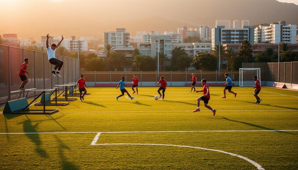 A dynamic sports training ground, with a blend of parkour obstacles and a soccer field. In the foreground, a group of athletes engage in agile, acrobatic maneuvers, leaping over barriers and scaling walls. In the middle ground, others practice dribbling and passing on the lush green turf, their movements a seamless dance. The background features a vibrant urban landscape, bathed in warm, golden hour lighting, conveying a sense of energy and possibility. The scene exudes a spirit of exploration, skill development, and the fusion of multiple athletic disciplines, capturing the essence of well-rounded training for the modern athlete.