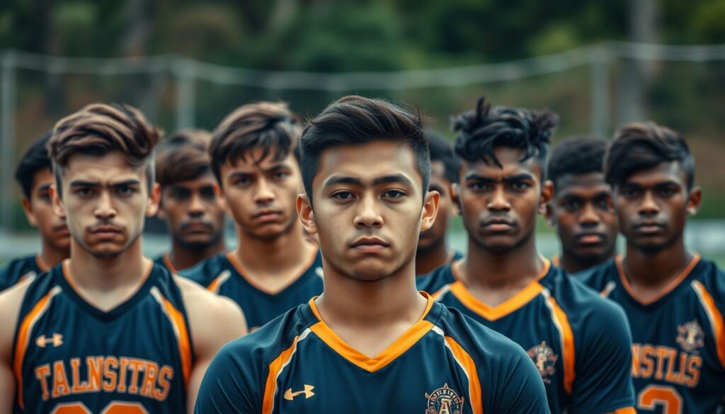 A group of local league players standing together in a focused and determined pose, wearing their team uniforms. The foreground features their serious expressions and athletic builds, showcasing their dedication to the sport. The middle ground includes their teammates standing behind them, creating a sense of camaraderie and teamwork. The background is blurred, highlighting the players as the central focus, with a subdued, natural setting that suggests a training or practice facility. The lighting is soft and even, accentuating the players' features and creating a sense of professionalism and discipline. The overall mood is one of focus, commitment, and the balance between academics and athletics.