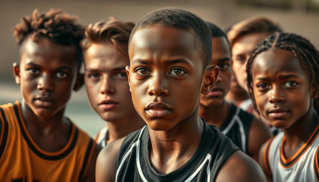 A group of young, diverse local league players captured in a series of dynamic, close-up portraits. The foreground features their determined expressions, sweat-glistened faces, and focused gazes, conveying their dedication and rapid improvement. The middle ground showcases their jerseys, uniforms, and athletic builds, highlighting their physical prowess. The background blurs into a soft, out-of-focus setting, emphasizing the players as the central focus. Warm, natural lighting casts a golden glow, creating a sense of energy and excitement. Shot with a wide-angle lens to accentuate the players' intensity and passion for the game.