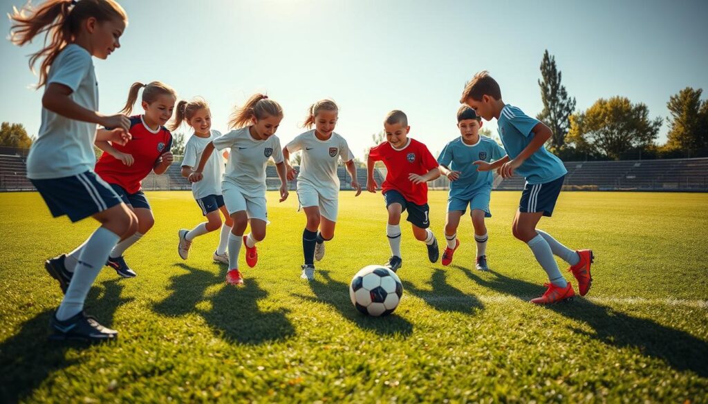 A group of young soccer players, ages 8-12, working together on the field with a sense of unity and determination. The foreground features the team in action, passing the ball, making strategic moves, and supporting each other. The middle ground showcases the players' expressions of camaraderie and teamwork, while the background depicts a well-lit soccer field with a lush green grass texture and a clear, blue sky. The lighting is natural and warm, creating a sense of energy and positivity. The camera angle is slightly elevated, providing a comprehensive view of the team's collaborative efforts. The overall mood conveys the joy, teamwork, and dedication of young athletes as they navigate the challenges and strategies of the sport.