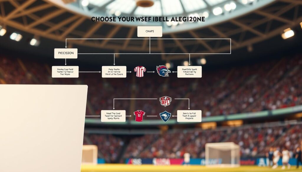 A highly detailed and visually engaging flowchart depicting the process of choosing one's sports allegiance. The foreground features a clean, minimalist layout with distinct decision nodes and arrows guiding the viewer through the decision-making process. The middle ground showcases vibrant team logos, jerseys, and other sports paraphernalia, representing the various options available. The background is a softly blurred sports stadium or arena, conveying the energy and atmosphere of the game day experience. The overall lighting is warm and natural, with a sense of depth and dimensionality to the scene. The composition is balanced and visually striking, drawing the viewer's eye through the decision-making flow.