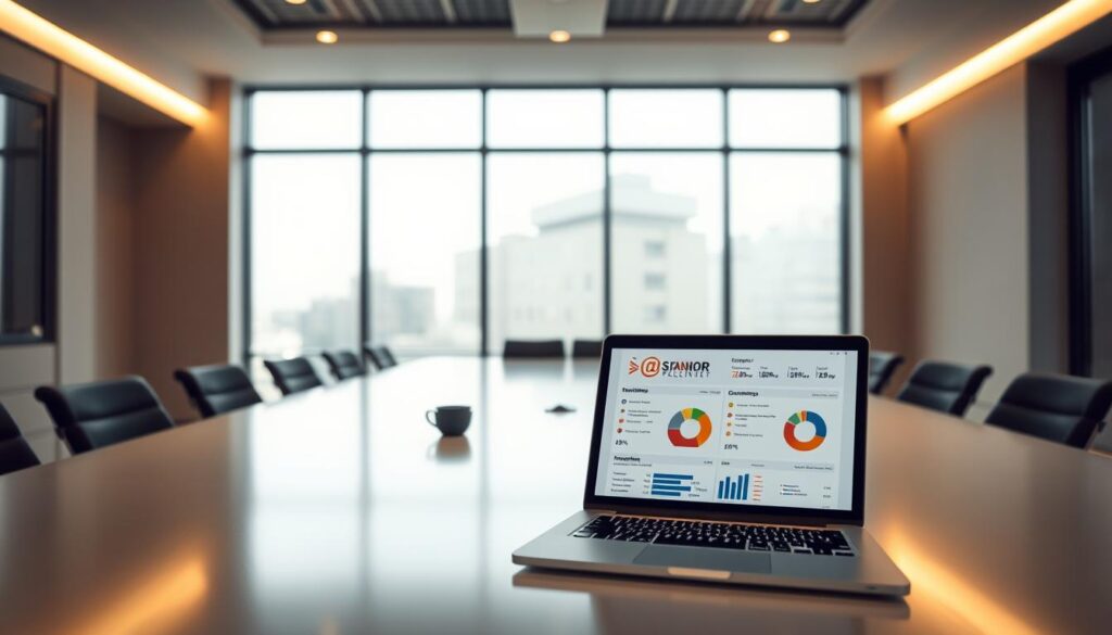 A modern, well-lit conference room with a sleek, minimalist design. On the table, a laptop displaying sponsor relationship metrics - charts, graphs, and data visualizations showcasing key performance indicators like brand awareness, lead generation, and customer engagement. The room has large windows, allowing natural light to flood the space, creating a warm, professional atmosphere. The lighting is soft and diffused, with subtle accent lights highlighting the display on the laptop screen. The overall mood is one of productivity, analysis, and strategic decision-making, reflecting the importance of maintaining strong sponsor relationships for the local sports league.