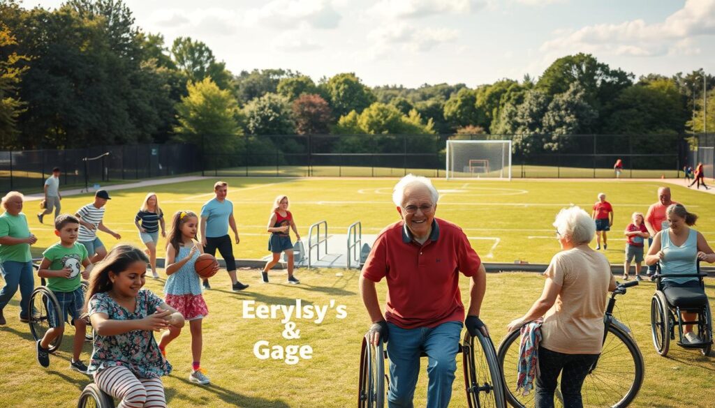 A serene outdoor scene depicting inclusive age groups participating in various sports and leisure activities. In the foreground, diverse individuals of all ages - children, teens, adults, and seniors - engage in inclusive games and exercises, their faces alight with joy and camaraderie. In the middle ground, a well-equipped sports facility with accessible ramps and adaptive equipment. The background features a lush, verdant landscape with a clear sky, creating a sense of tranquility and inclusivity. Warm, natural lighting illuminates the scene, conveying a welcoming and accessible atmosphere. The overall composition emphasizes the celebration of diversity, equality, and the belief that "everybody's game" transcends age and ability.