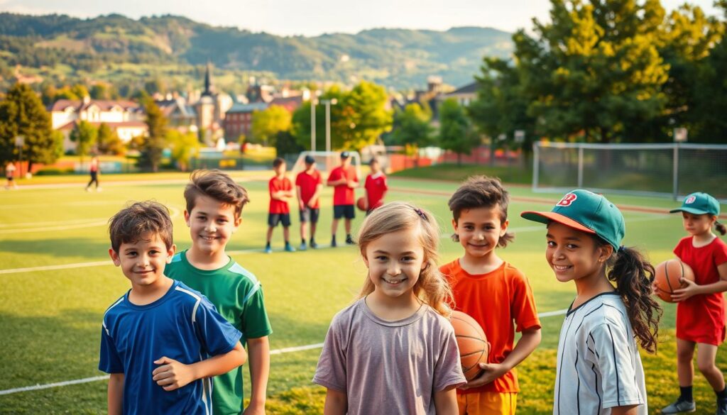A serene outdoor sports complex with lush greenery and vibrant fields. In the foreground, a group of enthusiastic young athletes engaged in various sports - soccer, basketball, and baseball. Their expressions radiate passion and determination, hinting at their aspirations. In the middle ground, coaches and mentors guide them, imparting valuable skills and wisdom. The background showcases a scenic university campus, symbolizing the pathway from local leagues to higher education and professional sports. Warm, golden lighting casts a hopeful glow, capturing the spirit of growth and opportunity within this nurturing environment.