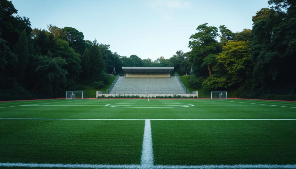 A serene sports venue nestled within a tranquil natural setting. The foreground features a well-maintained playing field with evenly trimmed grass and meticulously painted boundary lines. In the middle ground, a modern stadium structure with clean, angular architecture and a neutral color palette blends harmoniously with the surrounding environment. The background showcases lush, verdant foliage and a clear, azure sky, bathed in soft, diffused lighting that creates a calming, contemplative atmosphere. The overall scene conveys a sense of order, fairness, and integrity - qualities essential for an environment conducive to fair play and sportsmanship.