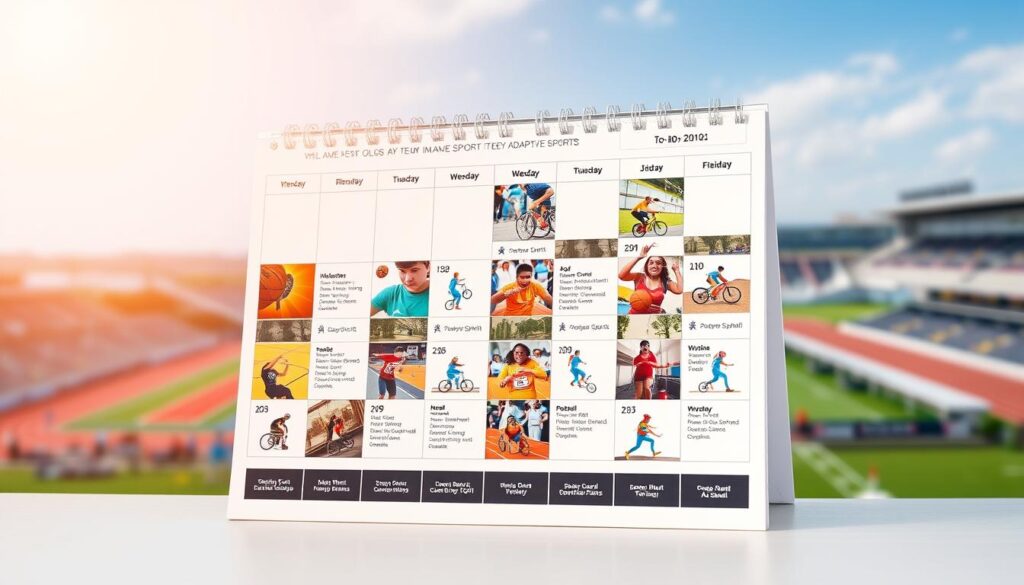 A vibrant and visually engaging calendar showcasing a diverse array of adaptive sports events and tournaments. The foreground features a clean, minimalist layout with boldly colored icons representing various disciplines like wheelchair basketball, para-cycling, and goalball. The middle ground depicts action shots of athletes in dynamic poses, capturing the energy and skill of these sports. The background presents a soft, blurred landscape of stadiums, tracks, and other competition venues, setting the scene for these inclusive and accessible events. The lighting is natural and warm, creating a welcoming and inspirational atmosphere. The overall composition is balanced and visually striking, designed to captivate and inform readers about the breadth of adaptive sports opportunities available.