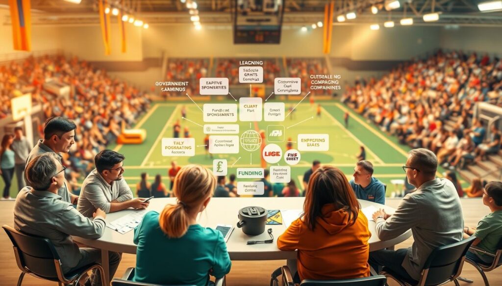 A vibrant, visually engaging image depicting various funding strategies for adaptive and inclusive sports leagues. In the foreground, a diverse group of league organizers and community leaders gather around a table, discussing budget plans and allocation of resources. Mid-ground showcases a collage of funding sources, from government grants and corporate sponsorships to crowdfunding campaigns and community-driven initiatives. The background features a dynamic, inclusive sports arena, with spectators of all abilities cheering on the players. The lighting is warm and inviting, capturing the collaborative and empowering spirit of the scene. Rendered in a realistic, yet slightly stylized aesthetic to convey the forward-thinking nature of the subject matter.