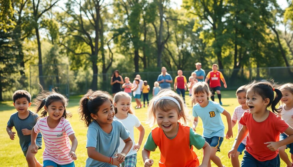 A vibrant youth sports league, captured in a warm, sunny outdoor scene. In the foreground, a diverse group of children enthusiastically playing a game, their faces alight with joy and camaraderie. In the middle ground, supportive parents and coaches cheering them on, creating a sense of community. The background showcases the lush, verdant playing field, surrounded by tall trees casting a dappled, golden glow. The scene exudes the benefits of youth sports - physical activity, teamwork, and the fostering of lifelong skills and values.