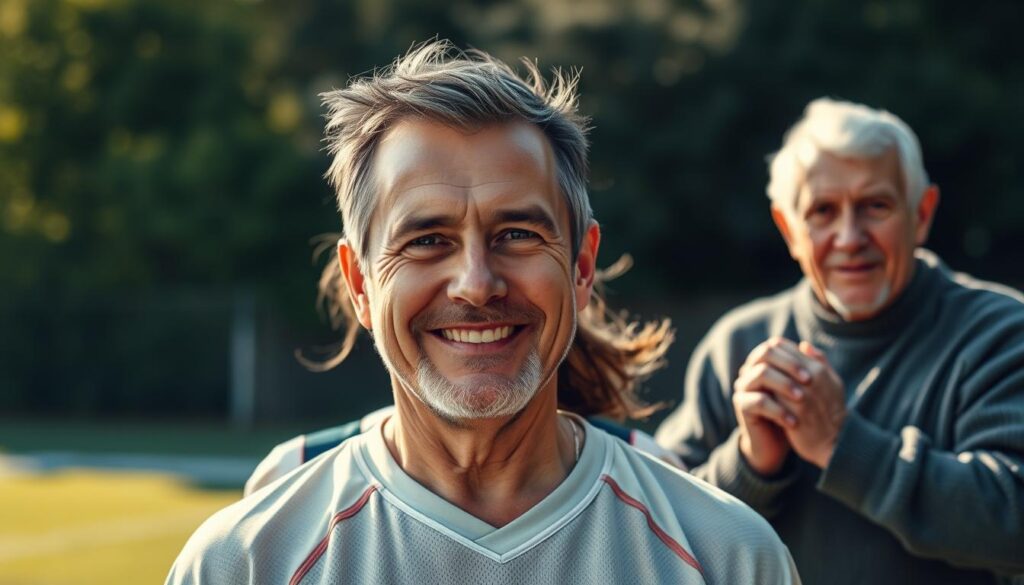 A warm, natural-lit portrait of three local community heroes, captured with a soft, cinematic lens. In the foreground, a middle-aged man with a kind smile, wearing a worn sports jersey. Behind him, a young woman in athletic shorts and a t-shirt, her face radiating determination. In the background, an elderly gentleman in a sweater, his weathered hands clasped together, exuding a sense of quiet wisdom. The scene conveys a spirit of camaraderie, showcasing the diverse individuals who make up the backbone of a thriving local sports league.