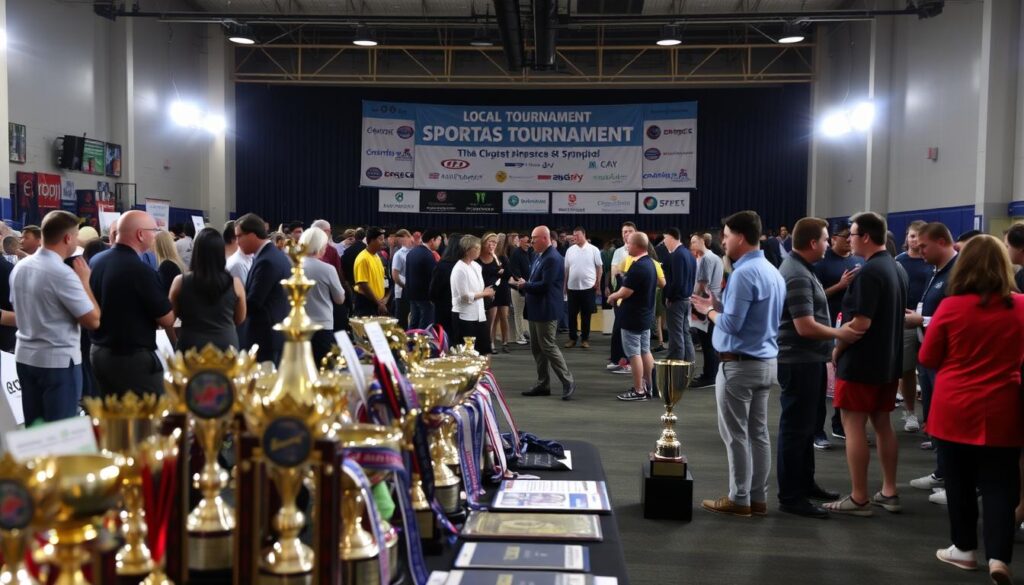 A well-lit, expansive scene of a local sports tournament sponsorship event. In the foreground, a table displays an array of trophies, medals, and other prizes, their sheen catching the light. In the middle ground, a group of sponsors mingle, discussing promotional materials and handshake deals. In the background, a large banner proudly displays the tournament name and sponsors' logos, framed by the bustling energy of the event. The atmosphere is one of excitement and opportunity, hinting at the tangible benefits of getting involved beyond just spectating.