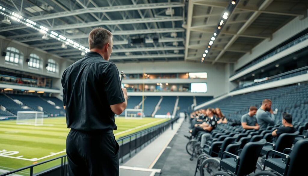 A well-lit, modern sports arena with accessibility features for a referee. In the foreground, a referee stands in focus, wearing a traditional black uniform and holding a whistle. Subtle details highlight accessible elements - a ramp leading to the field, adjustable microphone stands, and tactile signage. The middle ground showcases the arena seating, with ample space for wheelchair users and clear sightlines. In the background, high ceilings and large windows create an airy, inclusive atmosphere. Soft, diffused lighting and muted tones convey a professional, welcoming environment for all officials. A well-lit, modern sports arena with accessibility features for a referee. In the foreground, a referee stands in focus, wearing a traditional black uniform and holding a whistle. Subtle details highlight accessible elements - a ramp leading to the field, adjustable microphone stands, and tactile signage. The middle ground showcases the arena seating, with ample space for wheelchair users and clear sightlines. In the background, high ceilings and large windows create an airy, inclusive atmosphere. Soft, diffused lighting and muted tones convey a professional, welcoming environment for all officials.