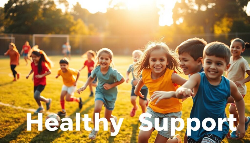 a vibrant outdoor sports field with children of diverse ages and backgrounds enthusiastically playing a variety of team sports, capturing the joy, camaraderie, and health benefits of youth sports leagues. the scene is bathed in warm, golden afternoon sunlight, with a soft, hazy atmosphere that creates a sense of warmth and positivity. the children's expressions are animated and engaged, showcasing the social, physical, and emotional development nurtured by these community-based activities. the overall composition conveys the uplifting and inclusive nature of youth sports, serving as a visual representation of the "healthy support" referenced in the article's section title.