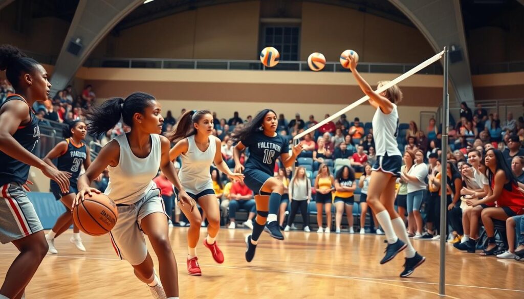 A diverse group of female athletes from various backgrounds competing in an inclusive, well-lit sports arena. In the foreground, a basketball player with a determined expression dribbles the ball down the court, surrounded by teammates of different races and body types. In the middle ground, a soccer player kicks the ball with precision, while a volleyball player leaps to spike the ball over the net. In the background, spectators of all ages and abilities cheer enthusiastically, creating a vibrant and welcoming atmosphere. The scene is captured with a wide-angle lens, emphasizing the sense of community and camaraderie within this adaptive and inclusive sports league.