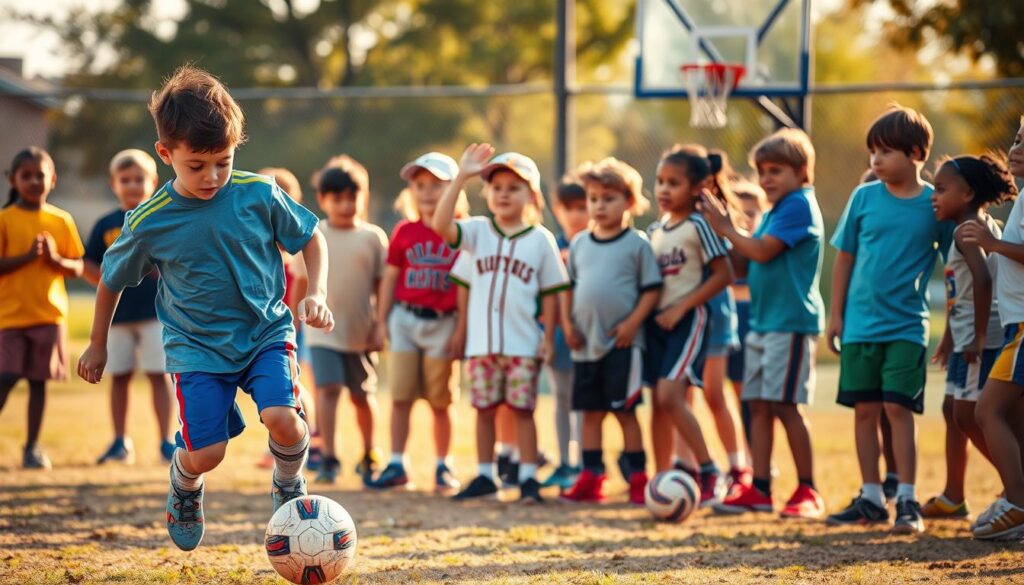 A group of diverse children engaged in various youth sports activities, showcasing the benefits of community-based sports leagues. In the foreground, a young athlete in a soccer uniform dribbles the ball with determination, surrounded by teammates cheering them on. In the middle ground, a baseball team celebrates a successful play, while in the background, a basketball game unfolds under natural, warm lighting that casts a vibrant glow. The scene exudes a sense of camaraderie, physical development, and the positive impact of sports on personal growth and skill acquisition.