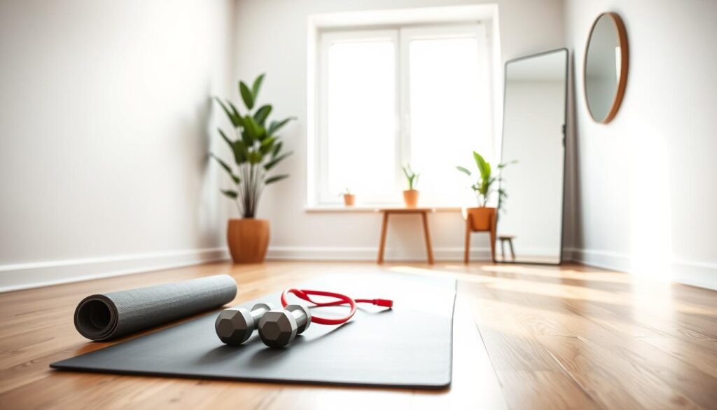 A bright, minimalist home workout space designed for minimal equipment fitness. In the foreground, a sleek yoga mat is rolled out on a wooden floor, with a pair of dumbbells and a resistance band resting on it. In the middle ground, a large window lets in natural light, illuminating the serene atmosphere. A potted plant adds a touch of greenery beside a wall-mounted mirror, reflecting the workout area. The background features simple, functional decor, emphasizing a clean and organized space. The scene is captured with a soft focus, emphasizing warmth and motivation, using a wide-angle lens to create depth. The mood is inviting and inspiring, perfect for a training environment, suitable for all fitness levels.