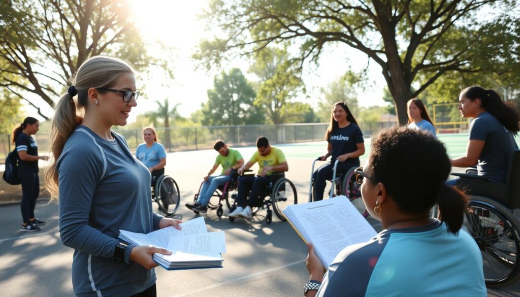 A diverse group of dedicated volunteers engaging in adaptive sports training on a sunny day at a community sports facility. In the foreground, a mid-30s woman in professional sports attire instructs a small group of volunteers on safety protocols, showcasing open books and training materials. The middle ground features volunteers practicing various adaptive techniques, such as maneuvering wheelchairs and demonstrating support for athletes with disabilities. In the background, trees and a vibrant sports field set a lively, encouraging atmosphere. Soft sunlight filters through the trees, creating a warm, welcoming glow. The scene conveys a sense of community, inclusivity, and commitment to skill development, focusing on teamwork and preparation in a supportive environment.