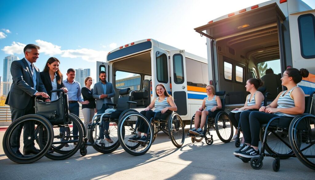 A group of empathetic volunteers assist athletes in wheelchairs for a basketball event. In the foreground, a diverse mix of adults in professional attire helps load accessible basketball wheelchairs into a small bus. Their expressions show determination and support. In the middle ground, the bus is parked under a bright blue sky, with city buildings subtly visible in the background. A few athletes in wheelchairs wait eagerly, chatting and smiling, creating a sense of camaraderie. Soft sunlight illuminates the scene, casting gentle shadows, emphasizing the warm atmosphere. The angle captures the volunteers and athletes at eye level, embodying inclusivity and teamwork essential to adaptive sports. The overall mood is uplifting and collaborative, reflecting the spirit of support in transportation for athletes.