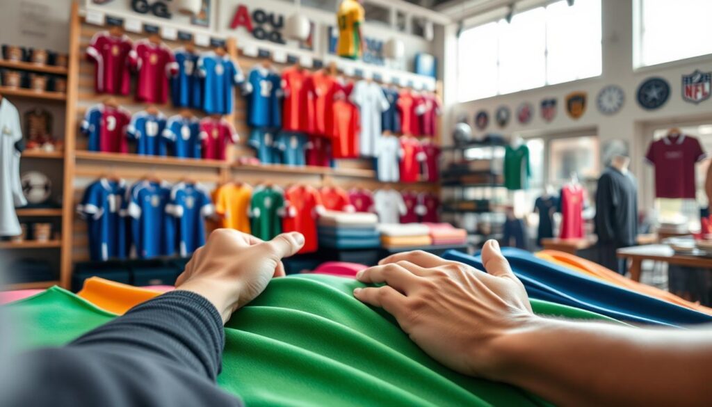 A close-up scene focusing on a customer feeling various samples of jersey fabric in a well-lit sports shop. In the foreground, hands gently touch and stretch colorful jersey swatches showcasing different textures and weights, with a vibrant range of colors like blue, red, and green. In the middle ground, shelves display neatly arranged jerseys and athletic gear, creating an organized backdrop. In the background, the shop's walls are decorated with sports memorabilia, enhancing the overall ambiance. Natural light streams in through large windows, casting a warm glow on the fabrics. The atmosphere feels inviting and informative, emphasizing a sense of exploration and customer engagement as shoppers seek the best fabric options for their sportswear.