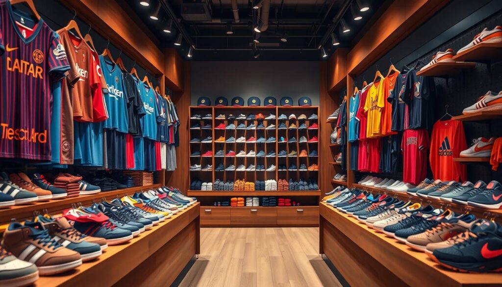 A vibrant display of sports jerseys and shoes arranged artistically on a retail store backdrop. In the foreground, showcase a variety of colorful jerseys with distinct team logos and patterns, folded neatly or draped on wooden shelves. Flanking the jerseys, stylish athletic shoes in various sizes and colors, highlighting their design features. The middle section reveals a well-organized selection of sports accessories like caps, socks, and wristbands, all in an inviting layout. The background features soft, warm lighting that enhances the atmosphere, emphasizing the quality and appeal of the merchandise. A shallow depth of field adds focus to the jerseys and shoes, creating a dynamic and engaging shopping environment. The overall mood conveys excitement and professionalism, perfect for sports enthusiasts.