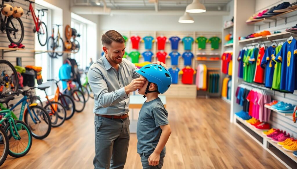A colorful, inviting kids' sports shop interior featuring a well-organized display of various sports gear, including bikes, soccer balls, and skateboards. In the foreground, a friendly shop assistant, dressed in a neat, casual shirt and slacks, is assisting a young child who is trying on a bright blue soccer helmet, ensuring a proper fit. The middle ground showcases neatly arranged shelves filled with vibrant sports jerseys of different sizes and colorful shoes. In the background, a bright, welcoming atmosphere is created with soft, diffused lighting and large windows that let in natural light, enhancing the cheerful vibe. The overall mood is engaged and supportive, emphasizing safety and fitting, perfect for families looking for gear for their kids.
