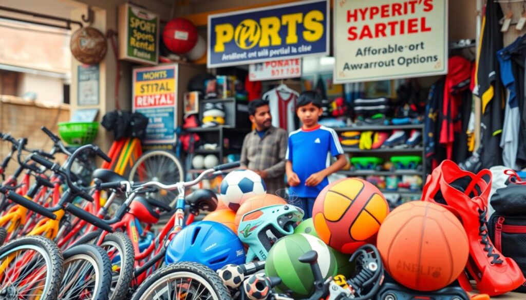 A vibrant scene showcasing various youth sports gear available for rent in Ambikapur. In the foreground, display a colorful assortment of sports equipment, such as bicycles, soccer balls, basketballs, and rollerblades arranged neatly on a rental stall. In the middle ground, depict a friendly shopkeeper in modest casual clothing, assisting a young athlete selecting gear. The background features an inviting sports rental shop with bright signage and colorful banners promoting affordable rental options. Soft, natural lighting filters through, creating a warm and welcoming atmosphere, with a slight focus on the gear to emphasize affordability. Capture the essence of community engagement and accessibility in youth sports.