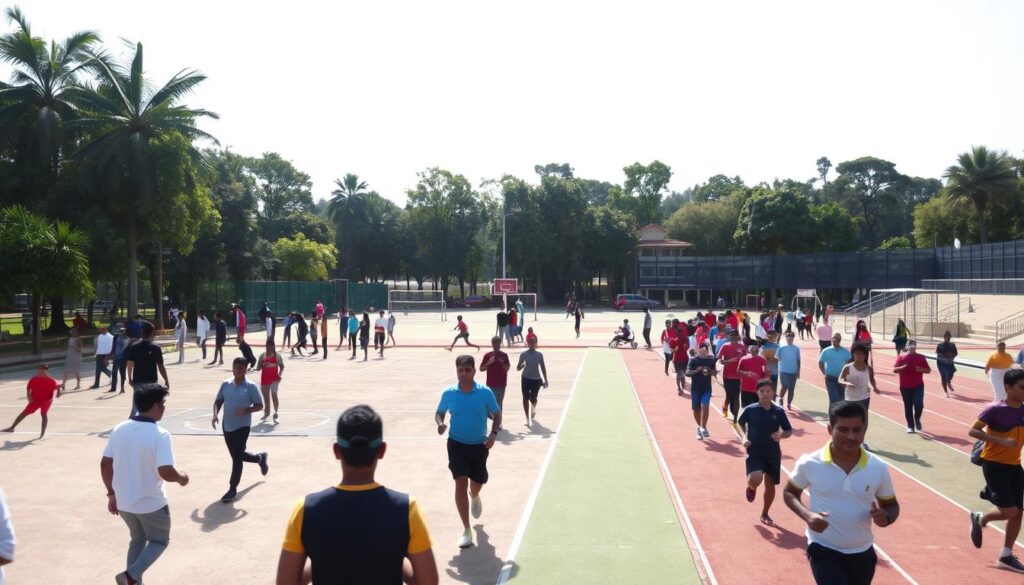 A busy sports facility in Ambikapur during peak hours, showcasing a vibrant atmosphere. In the foreground, people of diverse backgrounds engaged in various activities: a group playing basketball, some practicing yoga, and others jogging along a well-maintained track. The middle section features modern sports equipment, synthetic playing surfaces, and ample facilities, like courts and a small café area. In the background, tall trees provide shade, and the facility's architectural elements are visible against a bright blue sky. The lighting is warm and inviting, capturing the essence of a bustling community space. The scene conveys energy, excitement, and accessibility, reflecting a well-utilized public sports environment.