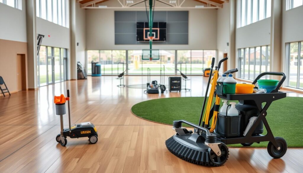 A well-maintained sports facility interior showcasing various maintenance amenities. In the foreground, display a high-quality turf cleaning machine and a set of ergonomically designed maintenance tools, such as a utility cart with cleaning supplies. The middle ground features a view of a spacious gym area with polished wood floors and neatly organized equipment, highlighting the importance of upkeep. In the background, large windows let in natural light, illuminating the facility and providing a view of well-kept outdoor sports fields. The atmosphere feels clean, professional, and inviting, suggesting a focus on quality and sustainability in sports facility maintenance. Capture the scene with a slightly elevated angle to emphasize depth, using soft, even lighting to enhance the overall clarity and appeal.