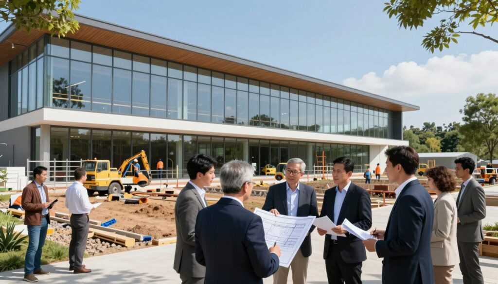 A contemporary sports facility under construction, showcasing innovative architecture with large glass windows and a sleek, modern design. In the foreground, a diverse group of planners and officials in professional attire discuss blueprints and plans, with one pointing towards the construction site. The middle ground features construction workers busy with machinery and scaffolding, emphasizing activity and progress. The background reveals a clear blue sky, with trees surrounding the facility, hinting at a community integration. The scene is illuminated by bright, natural light of midday, creating an optimistic and dynamic atmosphere. The angle captures both the facility and the people engaged in conversation, reflecting collaboration and enthusiasm for the upcoming development.