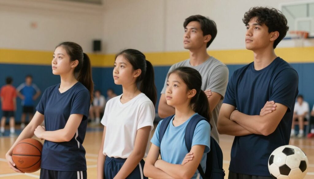 A dynamic composition showcasing profiles of standout youth and adult athletes, highlighting their distinctive qualities and achievements. In the foreground, a diverse group of four athletes—two youths and two adults—stands confidently in professional athletic attire, embodying determination and spirit. The middle ground features sports equipment like basketballs, soccer balls, and athletic gear, symbolizing their various disciplines. The background showcases a diverse sports venue, with spectators in soft focus, evoking an energized atmosphere of competition and camaraderie. Soft, natural lighting enhances their features and casts gentle shadows, while a slightly inclined angle captures their upward gaze, portraying ambition and resilience. The overall mood is inspiring and aspirational, inviting viewers to celebrate these rising stars.
