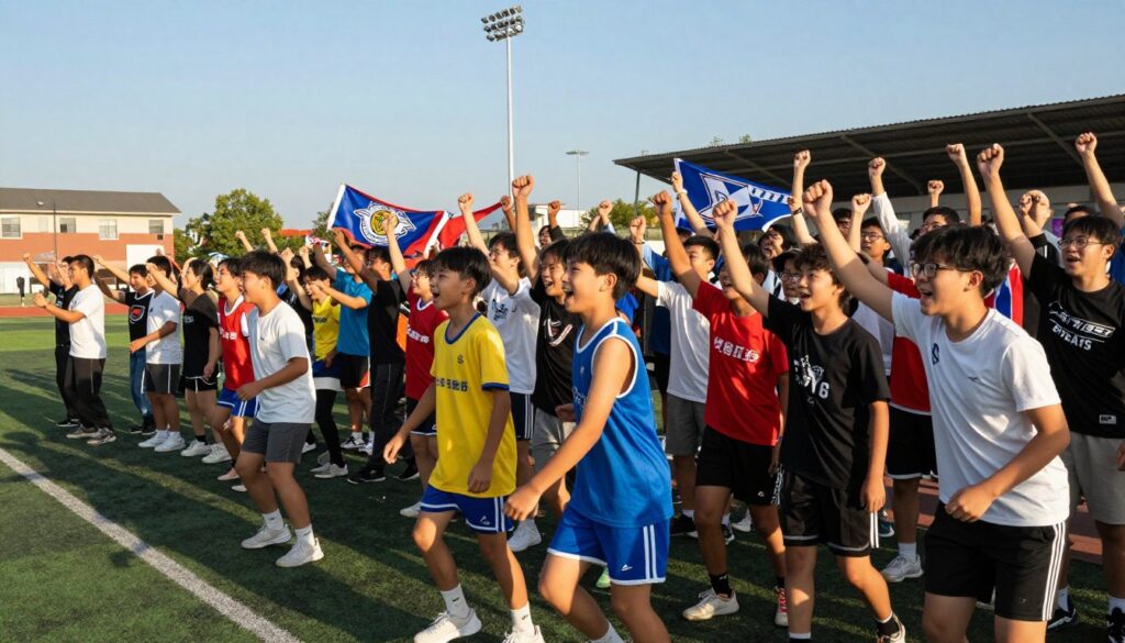 A dynamic scene capturing the essence of local sports highlights, showcasing a vibrant community atmosphere. In the foreground, a diverse group of young athletes, dressed in colorful sports uniforms, celebrating a recent victory with joyful expressions. The middle ground features a diverse crowd of enthusiastic fans, cheering and waving team banners, creating an engaging and energetic backdrop. In the background, a sunlit sports field or gymnasium, with clear blue skies, adding to the lively ambiance. The image is taken from a slightly elevated angle, emphasizing the action and excitement, with warm, natural lighting to enhance the cheerful mood. The overall atmosphere conveys a sense of community spirit and celebration of sportsmanship, perfect for illustrating standout games or competitions.