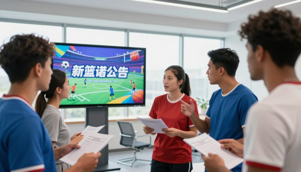 A dynamic scene featuring a modern sports league announcement, capturing an enthusiastic atmosphere. In the foreground, a diverse group of athletes in professional sports attire (e.g., jerseys and athletic gear) eagerly discuss registration details. The middle ground showcases a digital screen displaying vibrant graphics of various sports, like soccer, basketball, and volleyball, with an eye-catching design heralding the "New League Announcement." In the background, a sleek, well-lit conference room with large windows floods the space with natural light, adding a fresh and upbeat vibe. The mood is exciting and inviting, encouraging participation. The image should have a slight depth of field to focus on the athletes while softly blurring the background elements to create a professional look.