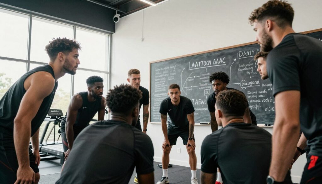 A dynamic sports team huddling together in a modern training facility, symbolizing collaboration and winning culture. In the foreground, athletes of diverse backgrounds, dressed in professional team uniforms, share an intense moment of strategy discussion, showcasing determination and teamwork. The middle ground captures a large chalkboard filled with strategies and motivational quotes, emphasizing the focus on mental strength. In the background, bright, natural lighting streams through large windows, illuminating the energetic atmosphere of the training space, with fitness equipment and trophies subtly featured. The mood is charged with inspiration and camaraderie, highlighting the essence of a winning team culture. The image should be captured from a low angle to emphasize the athletes' intensity and commitment.