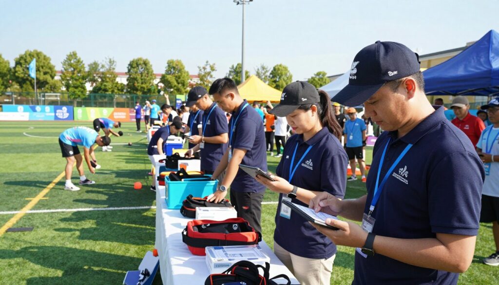 A lively sports tournament scene featuring dedicated event volunteers in action. In the foreground, a diverse group of volunteers wears matching polo shirts and caps, passionately organizing equipment and checking schedules on tablets. In the middle ground, athletes prepare for competition, with colorful banners and spectators cheering in the background. The setting is a sunlit outdoor sports field, with vibrant green grass and a clear blue sky overhead, creating an energetic and inviting atmosphere. Soft, natural lighting enhances the scene, highlighting the volunteers' enthusiastic expressions and teamwork. The angle captures a dynamic, slightly elevated perspective, conveying a sense of community and commitment.