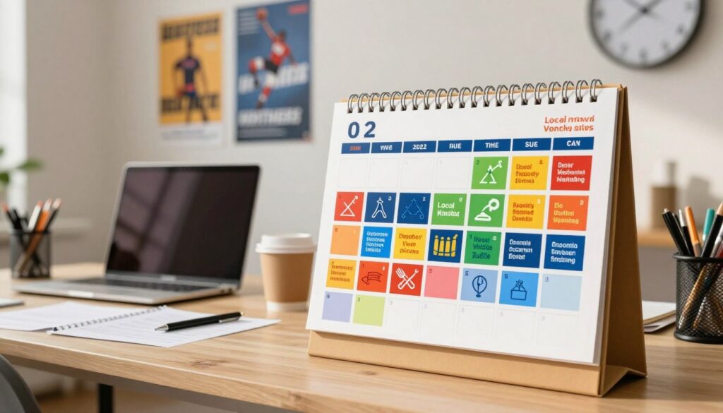 A modern event calendar displayed prominently in the foreground, featuring colorful blocks that represent upcoming local sports events, workshops, and seminars. Each block is filled with vibrant colors, depicting sports icons and workshop symbols. In the middle ground, an organized workspace with a laptop, coffee cup, and stationery, suggesting an environment conducive to planning and registration. In the background, a wall adorned with motivational sports posters and a clock, enhancing the theme of events. Soft, warm lighting creates an inviting atmosphere, with a slight focus on the calendar to emphasize its importance. The overall mood is energetic and inspiring, encouraging viewers to engage with their community events.