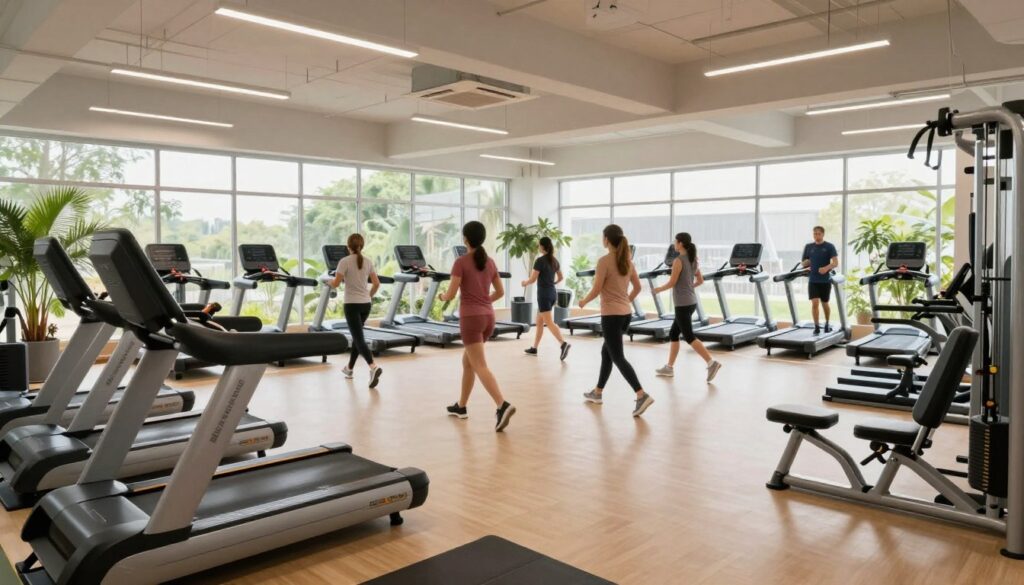 A modern local gym interior filled with eco-friendly features, showcasing a bright and spacious design. In the foreground, state-of-the-art gym equipment, such as smart treadmills and weight machines made from sustainable materials, gleam under soft, natural lighting. In the middle ground, fitness enthusiasts in modest casual clothing engage in group workouts, emphasizing accessibility for all abilities. The background reveals large windows that let in ample sunlight, with greenery visible outside, enhancing the eco-friendly atmosphere. The overall mood is vibrant and inviting, encouraging community and wellness. The scene is captured using a wide-angle lens to emphasize the spacious layout and inviting environment.