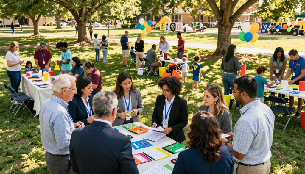 A vibrant community sports event in a sunny park setting, showcasing diverse volunteers actively engaged in planning and organizing. In the foreground, a group of people of various ages and backgrounds, dressed in professional business attire and modest casual clothing, are brainstorming at a table filled with event materials and colorful flyers. In the middle, community members set up decorations, arrange seating, and prepare sports equipment, all showcasing teamwork and enthusiasm. In the background, cheerful families and children gather, enjoying the day in a lush green environment, with balloons and banners celebrating local sports. The lighting is warm and inviting, casting soft shadows, creating a welcoming and engaging atmosphere. The angle is slightly elevated, capturing the buzz of activity and joy in the community.