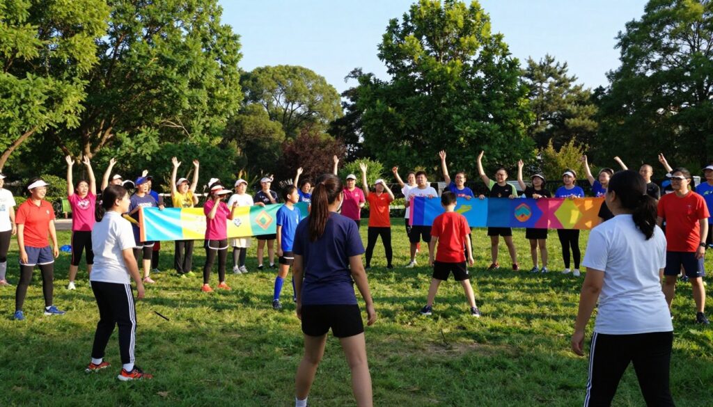 A vibrant community sports event scene capturing the essence of unity and enthusiasm. In the foreground, diverse participants of various ages, including children and adults, are engaged in friendly sports activities, wearing professional athletic gear. The middle shows a small group of spectators cheering, holding colorful banners that reflect community spirit. In the background, a lush green park setting with trees and a bright blue sky enhances the lively atmosphere. The lighting is warm and sunny, casting soft shadows that create an inviting look. Capture the joyful expressions on the participants' faces, conveying a sense of togetherness and community impact, using a slight angled perspective to add depth to the scene. The overall mood should be uplifting and inspirational.