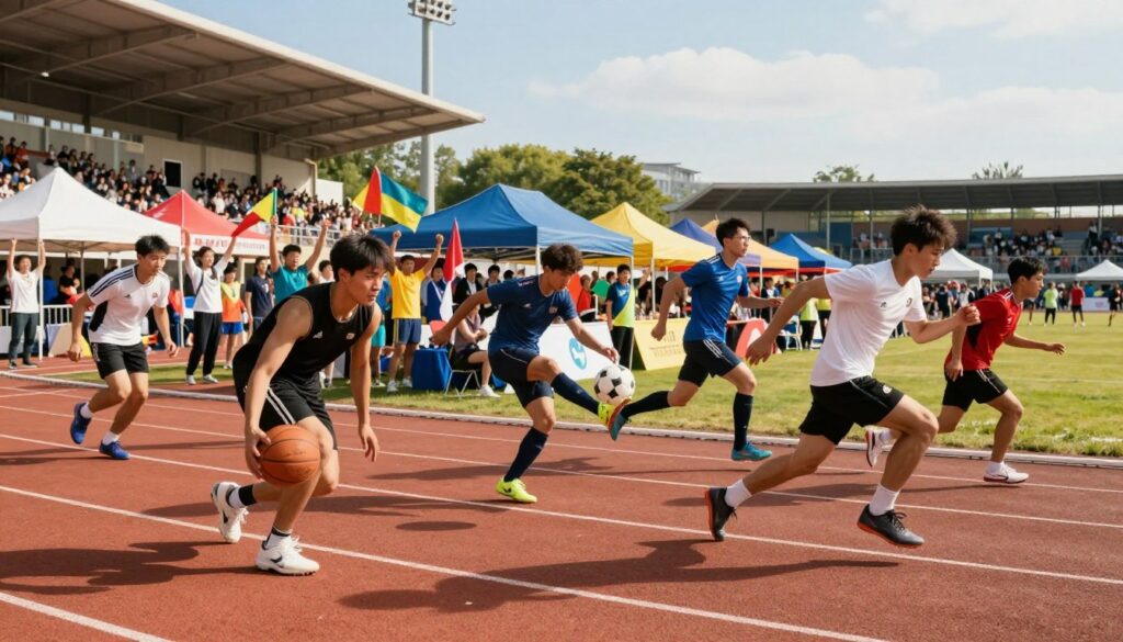 A vibrant cross-sport showcase scene capturing a dynamic multi-sport festival. In the foreground, a diverse group of athletes in professional sports attire competes in various activities: a basketball player skillfully dribbling, a soccer player mid-kick, and a track sprinter poised at the start line, all showcasing their athleticism. In the middle ground, spectators cheer enthusiastically, waving colorful flags and banners, creating an electrifying atmosphere. The background features a sunlit stadium filled with colorful tents representing different sports, while a bright blue sky adds to the cheerful mood. The lighting is warm and inviting, highlighting the emotions of excitement and camaraderie. Capture this moment with a wide-angle lens to emphasize the scale and energy of the event.